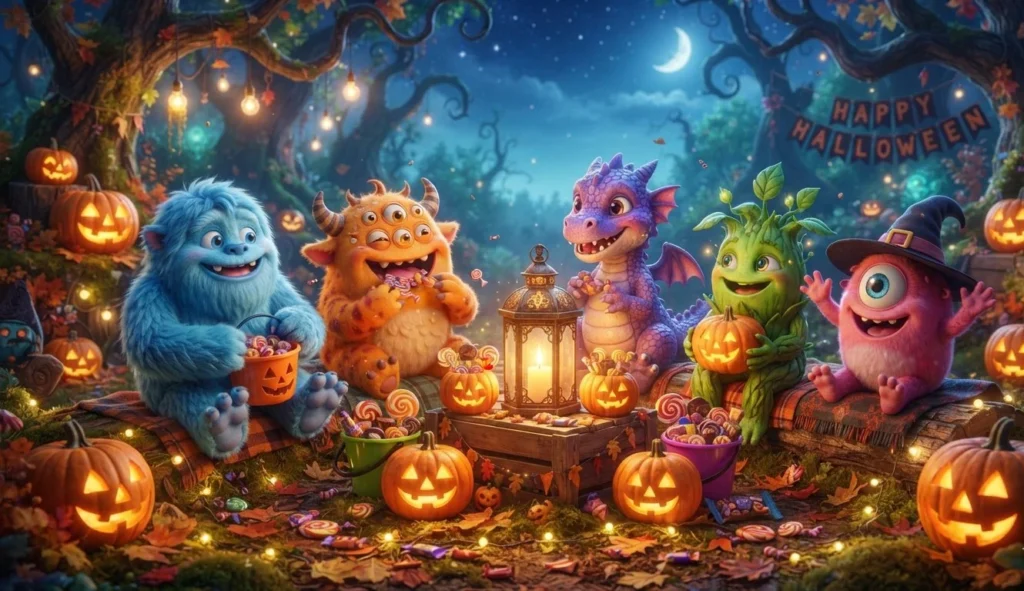 Monster Puns hero image featuring friendly fantasy creatures and Halloween decorations