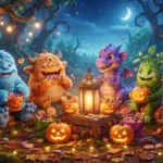 Monster Puns hero image featuring friendly fantasy creatures and Halloween decorations