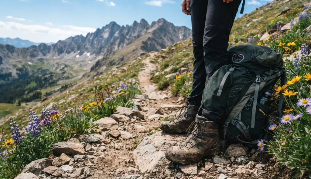 Mountain Puns for hiking captions featuring rocky trail boots, backpack, wildflowers, and a mountain ridge