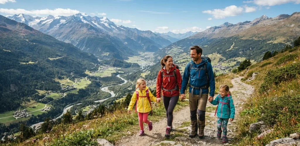 Mountain Puns for families featuring children hiking a scenic trail with mountains, valleys, and outdoor adventure
