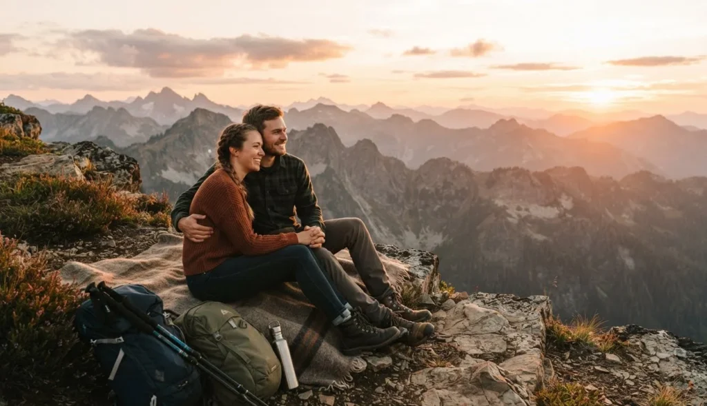 Mountain Puns for couples featuring a romantic mountain overlook, golden hour, scenic valley, and shared hiking adventure