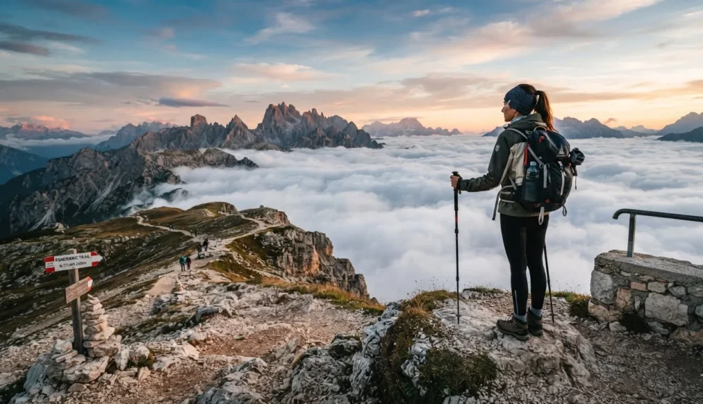 Mountain Puns for hiking adventures featuring a hiker at a panoramic viewpoint above clouds with trekking poles and a marked trail