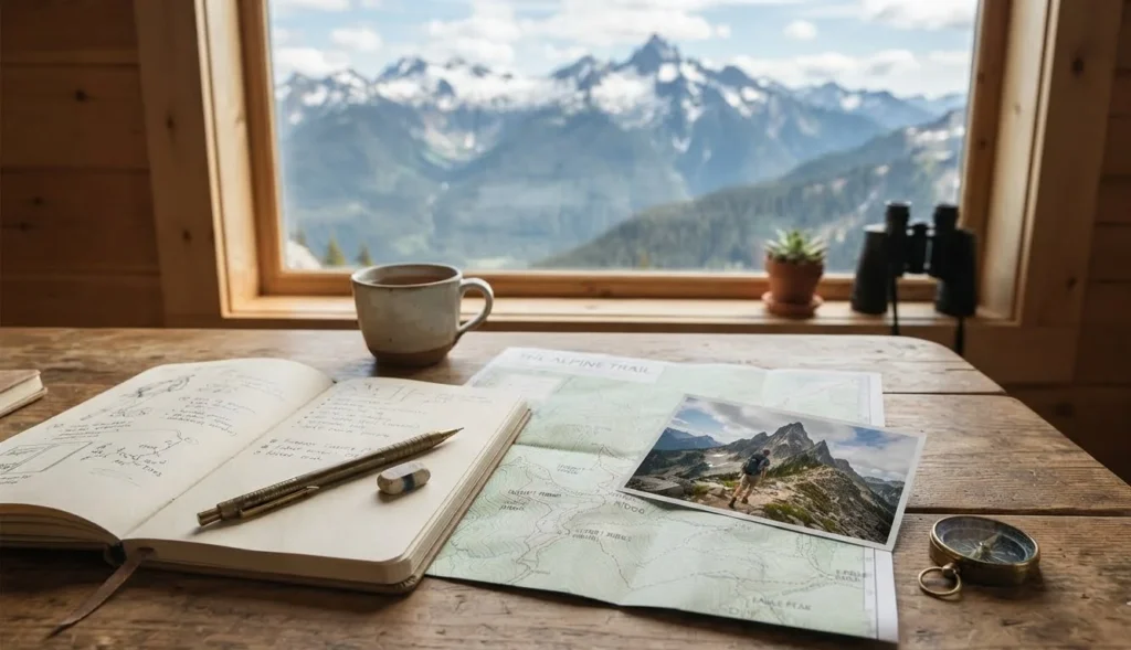 Mountain Puns brainstorming setup with hiking map, notebook, compass, trail photo, pencil, and mountain view