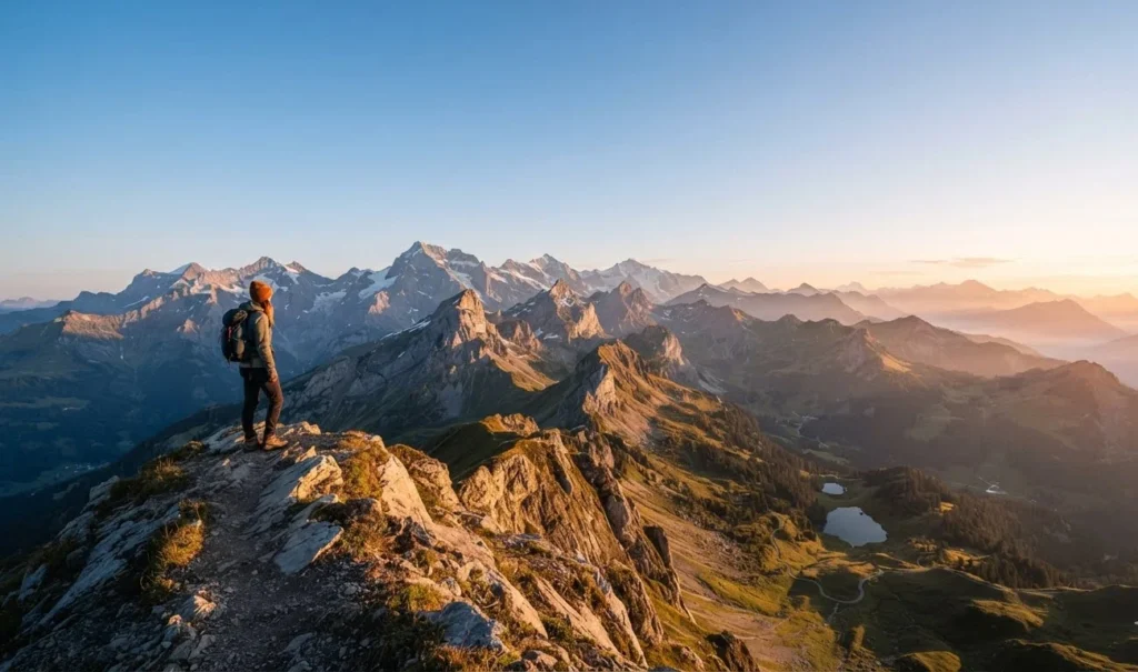 Mountain Puns featuring a dramatic mountain range, sunrise ridge, hiking adventure, and breathtaking peak view