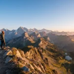 Mountain Puns featuring a dramatic mountain range, sunrise ridge, hiking adventure, and breathtaking peak view