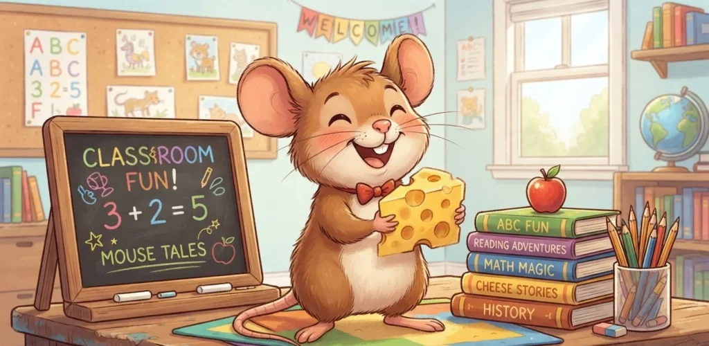 Mouse Puns kids joke image with a cheerful mouse, cheese, books, and classroom props