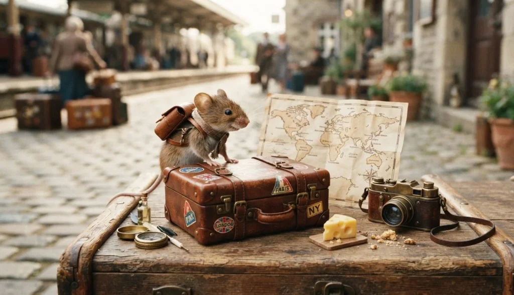 Mouse Puns travel image with a tiny mouse, suitcase, map, camera, and cheese