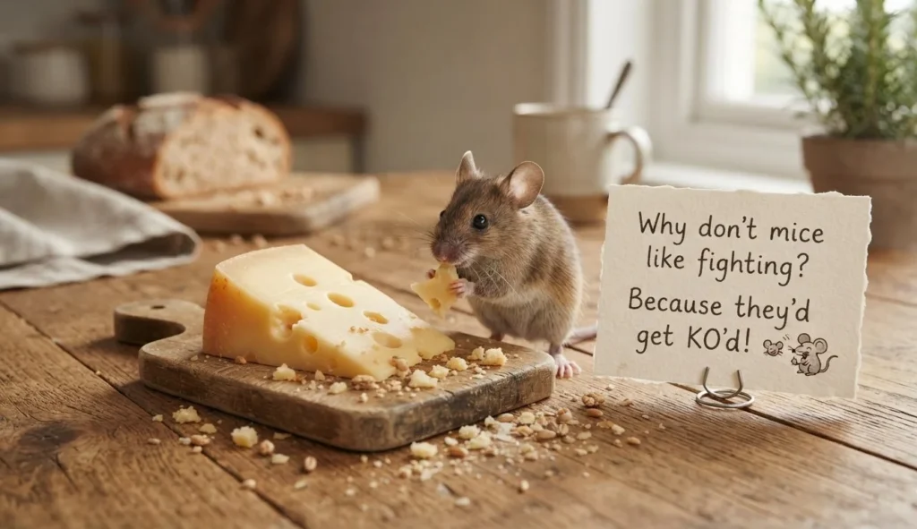 Mouse Puns hero image with a cute mouse, cheese, crumbs, and playful joke card