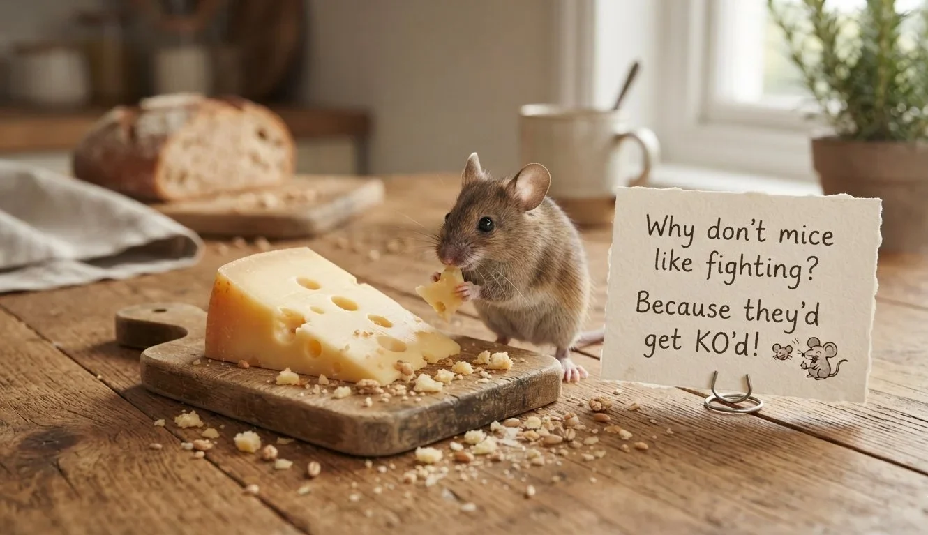 Mouse Puns hero image with a cute mouse, cheese, crumbs, and playful joke card