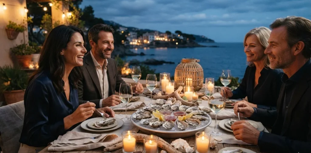 Oyster Puns Dirty featuring an elegant oyster dinner, shells, candles, and playful seaside humor