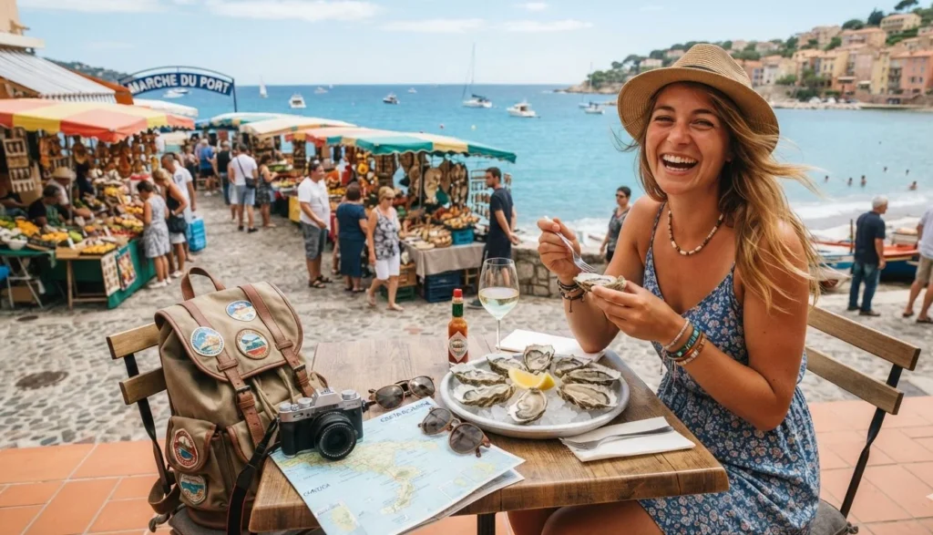 Oyster Puns for tourists and travelers featuring oysters, a coastal market, ocean view, travel bag, and map