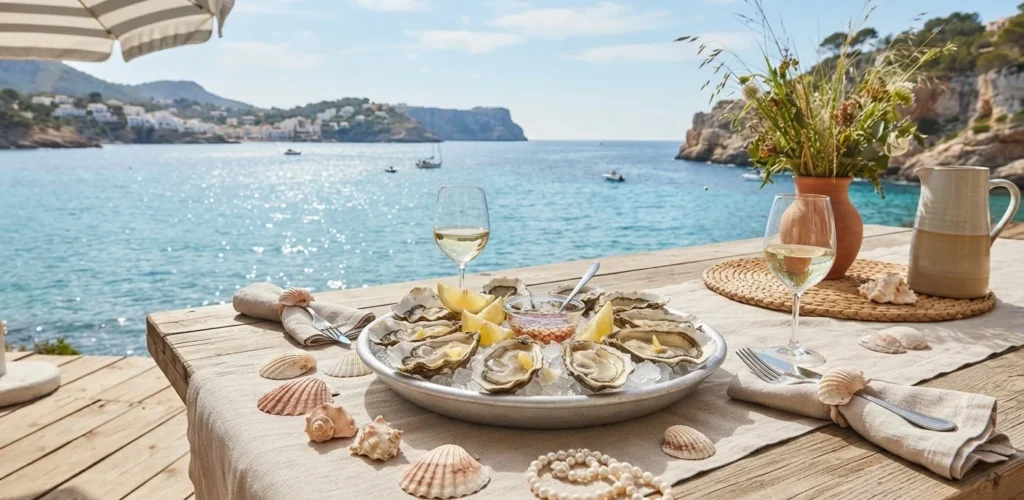 Oyster Puns featuring oysters, shells, pearls, lemon wedges, and a coastal seafood setting