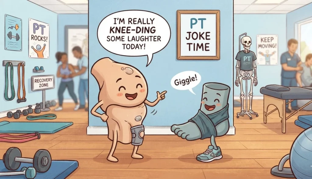 Cartoon knee character with a happy face telling a joke to a smiling ankle character in a physical therapy clinic, funny physical therapy puns wall art
