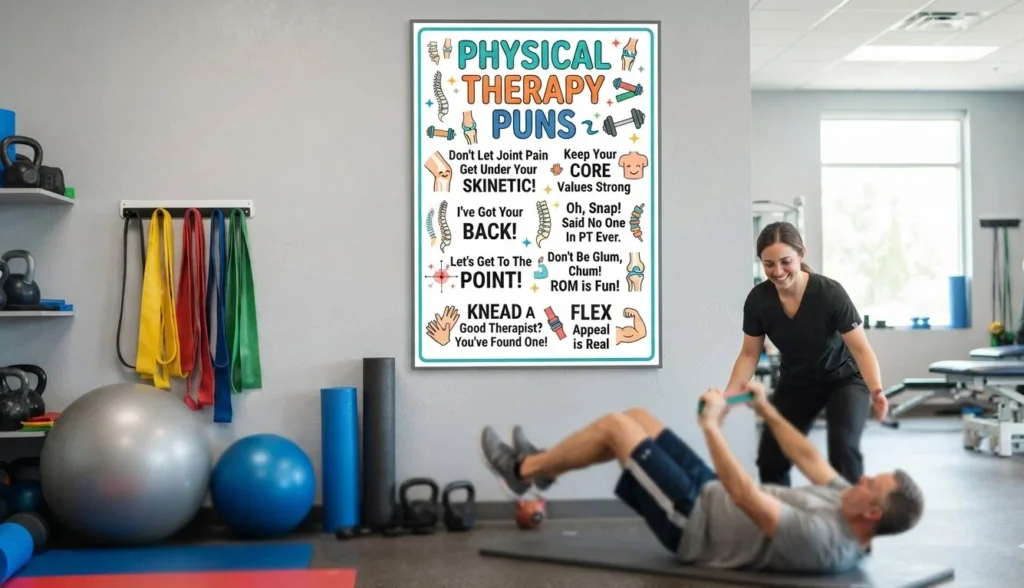 Bright poster style graphic listing physical therapy puns on the wall of a modern rehab gym with exercise balls and resistance bands
