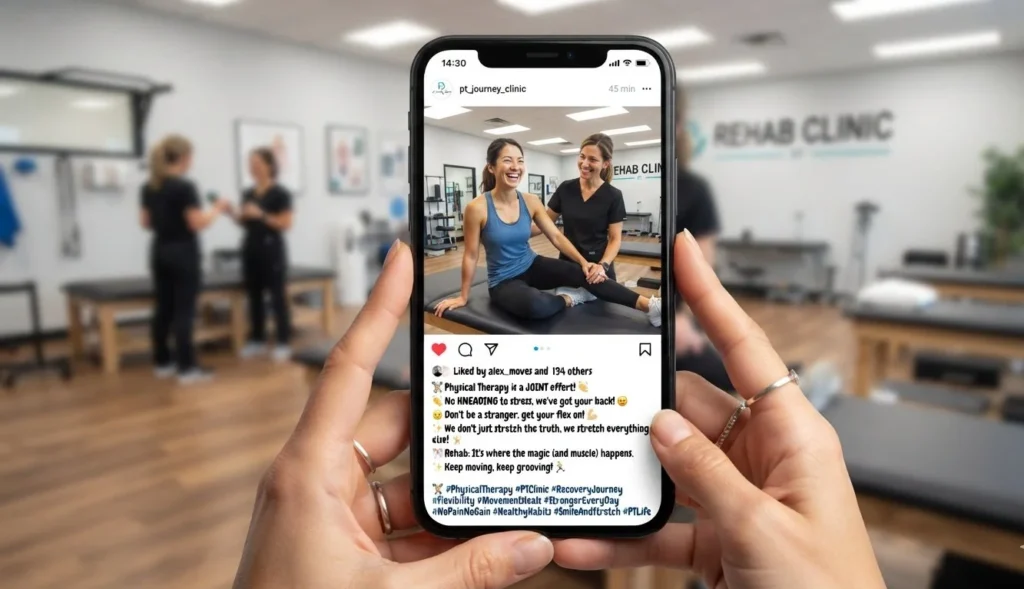 Smartphone mockup showing an Instagram post of a smiling patient stretching in a clinic, caption area displaying physical therapy puns in bold lettering