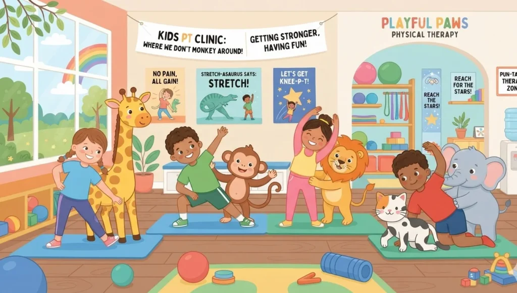 Playful flat design of kids and cartoon animals stretching together in a bright clinic, clean family friendly physical therapy puns themed illustration