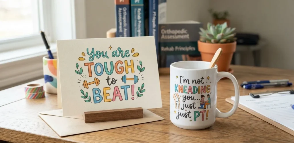 Greeting card and mug mockups on a wooden desk featuring hand lettered physical therapy puns designs in cheerful colors