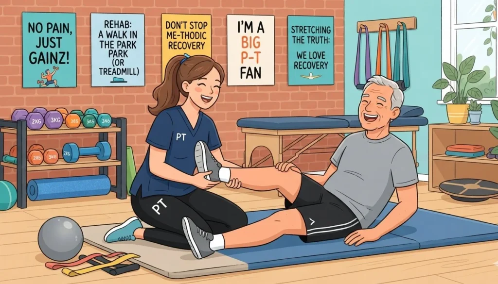 Cheerful flat illustration of a physical therapist and a patient laughing together during a stretching session, with dumbbells and a foam roller nearby, bright physical therapy puns themed artwork