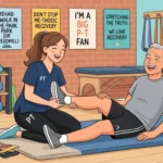 Cheerful flat illustration of a physical therapist and a patient laughing together during a stretching session, with dumbbells and a foam roller nearby, bright physical therapy puns themed artwork