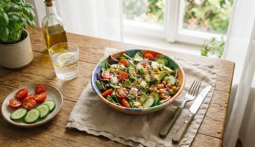 Salad Puns Jokes for Instagram featuring an aesthetic colorful salad lunch, fresh vegetables, fork, napkin, and natural light