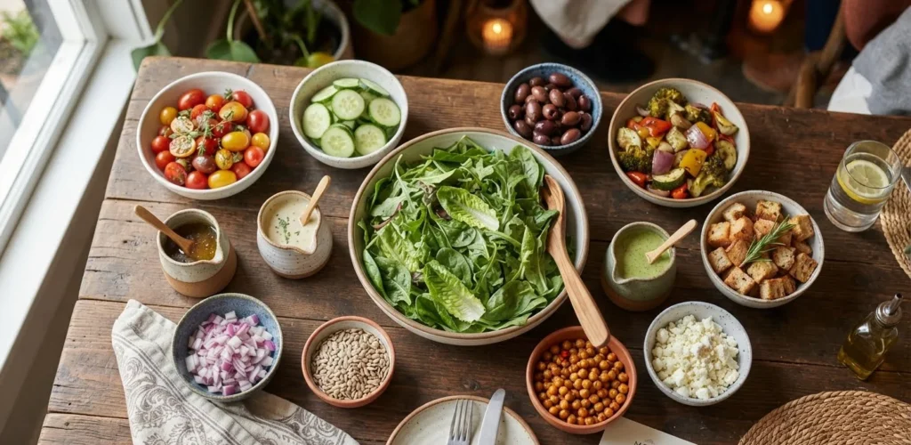 Salad Puns Jokes featuring a colorful restaurant salad spread with lettuce, tomatoes, cucumber, olives, croutons, vegetables, and dressings