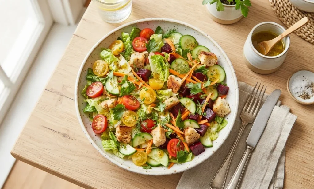 Salad Puns Jokes featuring a colorful fresh salad bowl with lettuce, tomatoes, cucumber, carrots, beet, herbs, and croutons