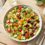Salad Puns Jokes featuring a colorful fresh salad bowl with lettuce, tomatoes, cucumber, carrots, beet, herbs, and croutons