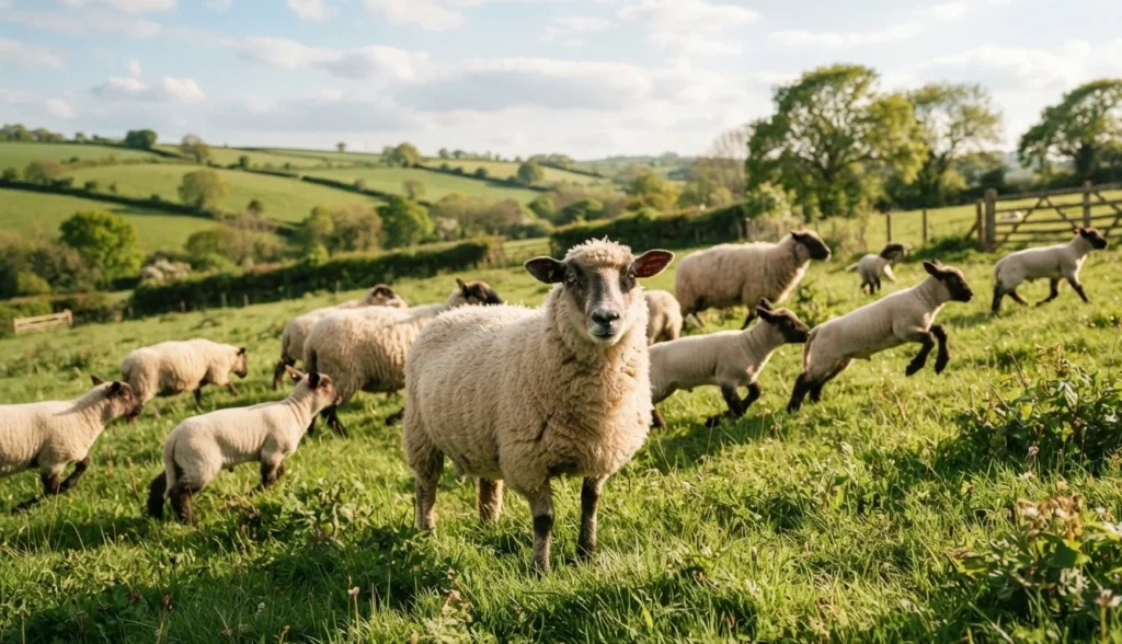Sheep Puns for Adults featuring playful sheep in a sunny green pasture
