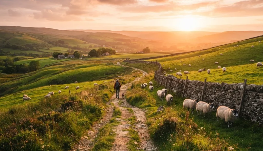 Sheep Puns for tourists and travelers featuring sheep beside a scenic countryside trail