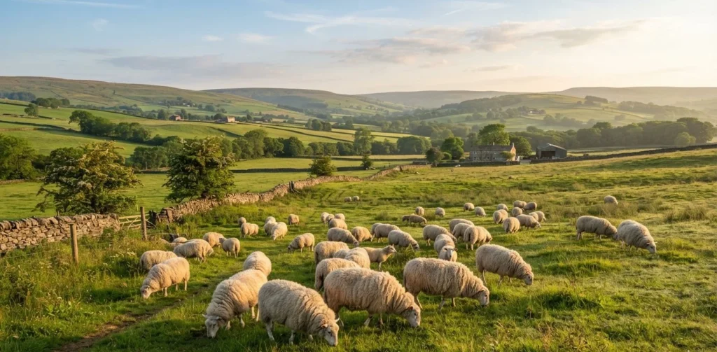 Sheep Puns featuring a fluffy flock of sheep grazing in a green countryside pasture