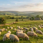 Sheep Puns featuring a fluffy flock of sheep grazing in a green countryside pasture