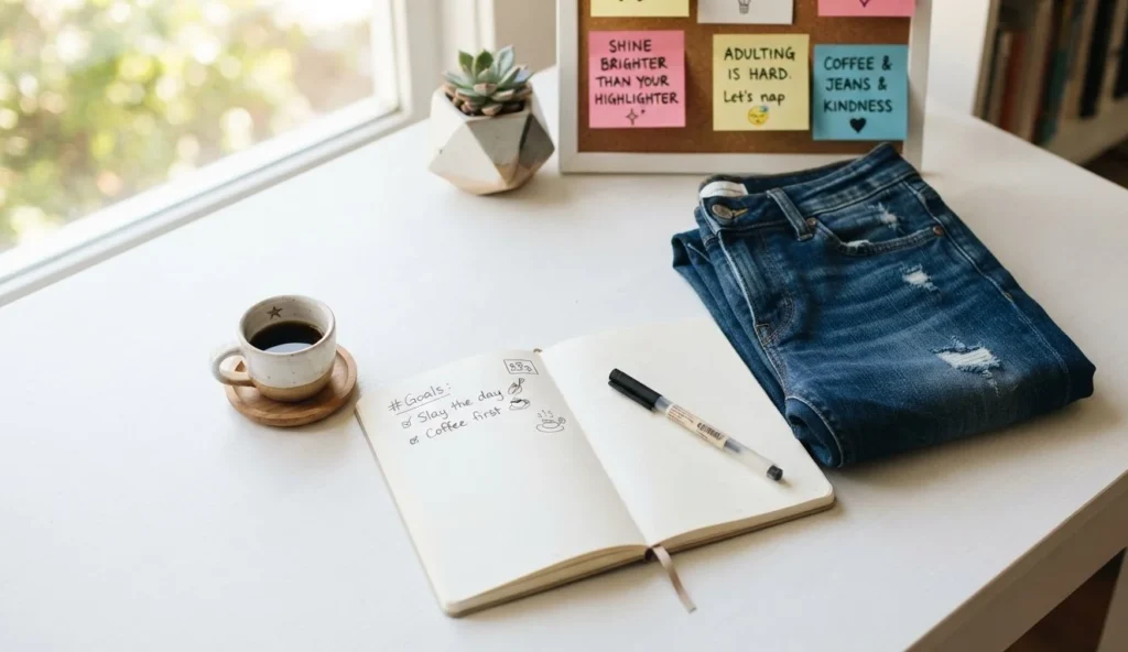 Skinny Puns featuring skinny jeans, a coffee cup, and playful minimalist humor