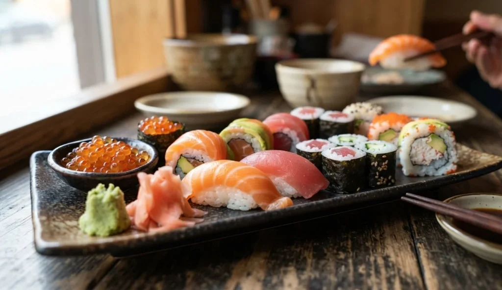 Sushi Puns paired with a colorful assortment of salmon, tuna, and maki rolls