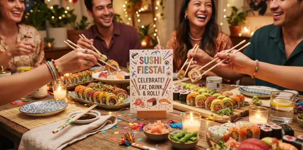 Sushi Puns on a festive sushi party table for a birthday celebration