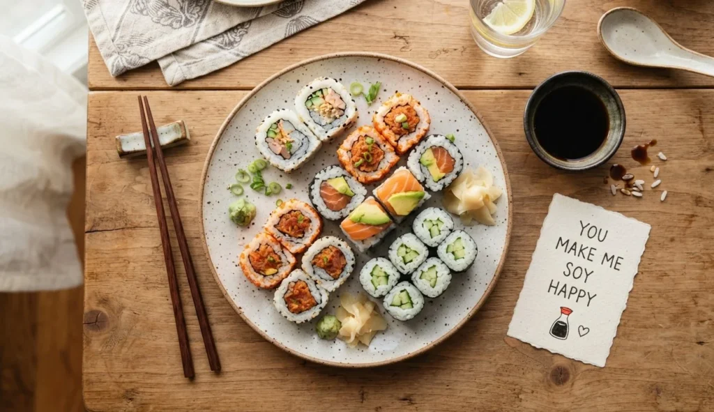 Sushi Puns displayed beside colorful sushi rolls on a restaurant table