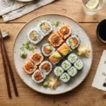 Sushi Puns displayed beside colorful sushi rolls on a restaurant table