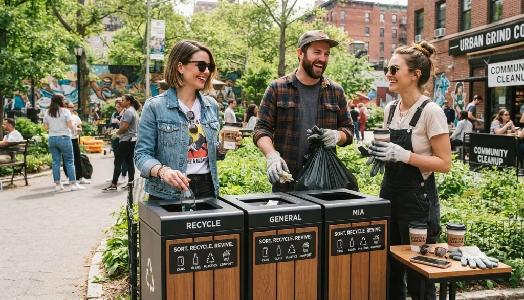 Trash Puns for Adults featuring modern trash bins, recycling containers, coffee, and a stylish urban scene