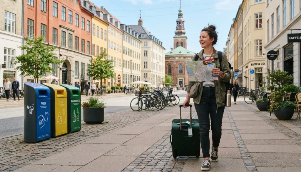 Trash Puns for tourists and travelers featuring recycling bins, a suitcase, reusable bottle, map, and clean city street