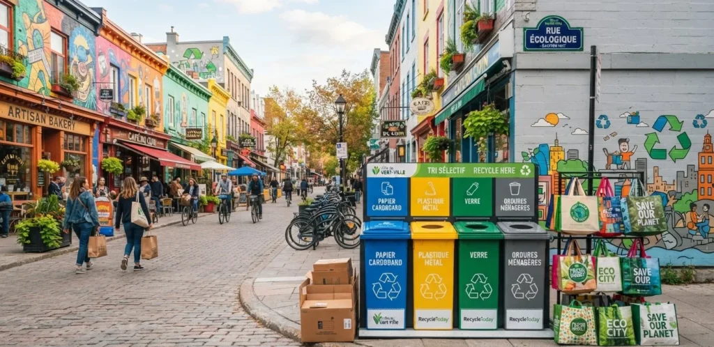 Trash Puns featuring colorful trash bins, recycling containers, reusable bags, and a clean city street