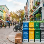 Trash Puns featuring colorful trash bins, recycling containers, reusable bags, and a clean city street