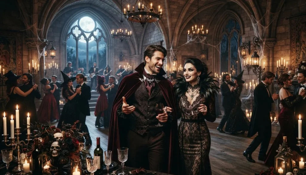 Vampire Puns for Adults featuring a stylish vampire at a candlelit Halloween party