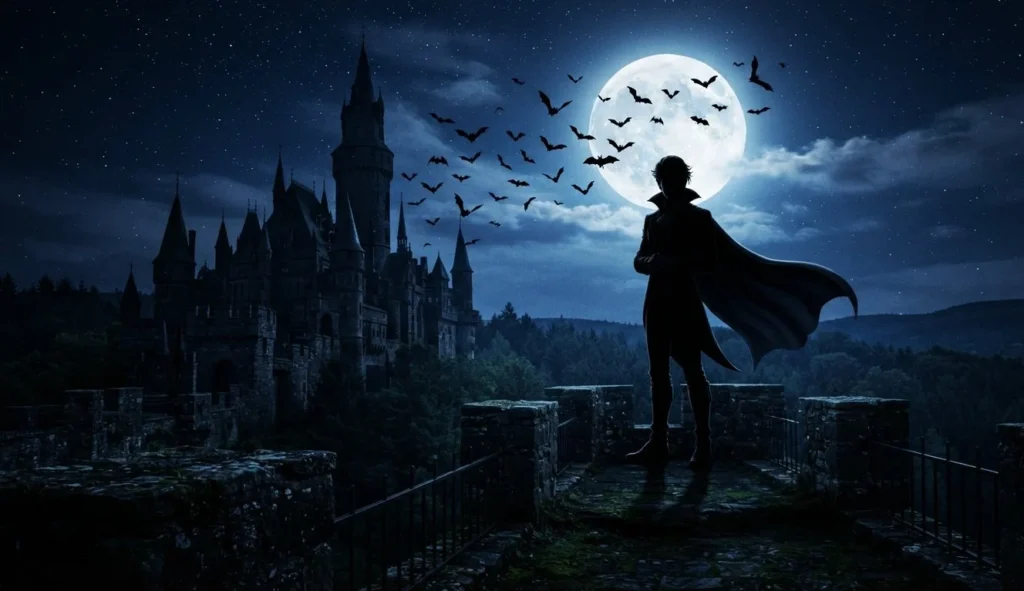 Vampire Puns featuring a friendly vampire, full moon, gothic castle, and flying bats