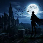 Vampire Puns featuring a friendly vampire, full moon, gothic castle, and flying bats