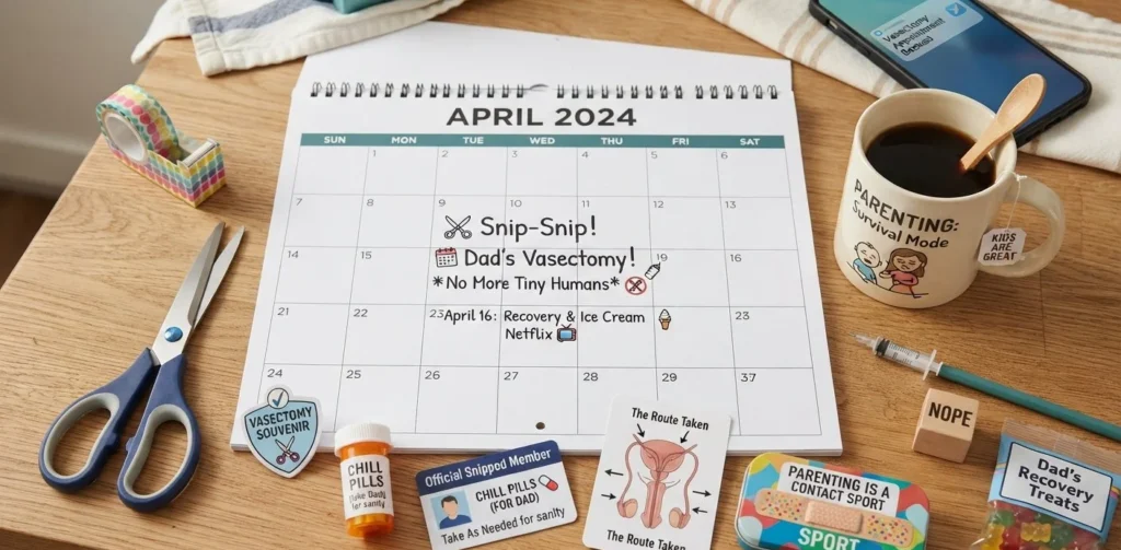 Vasectomy Puns hero image with funny snip themed props and family planning humor