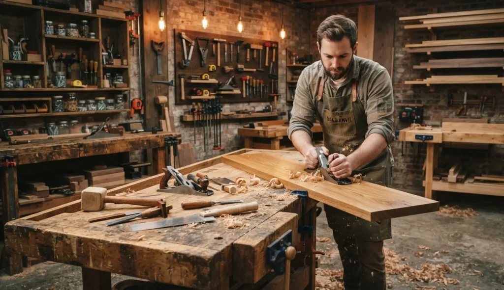 Wood Puns for Adults featuring polished wood boards and a cozy woodworking studio