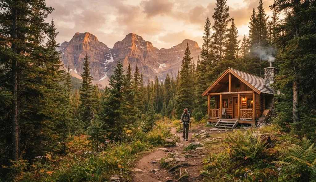 Wood Puns for tourists and travelers featuring a forest cabin and scenic hiking trail