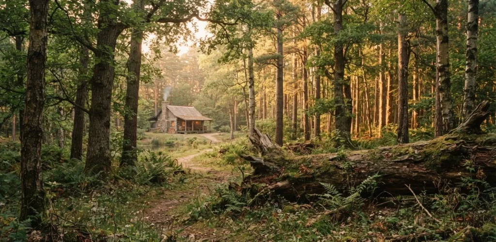 Wood Puns featuring a peaceful woodland scene with trees, timber and a cozy cabin