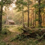 Wood Puns featuring a peaceful woodland scene with trees, timber and a cozy cabin